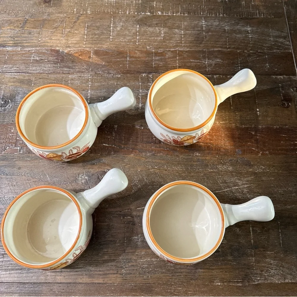 Cream Ceramic Handled Soup Bowls with Orange Trim and Mushroom Design - Set of 4